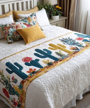 Wild Bloom Western Quilted Bed Runner - Floral Boho Bed Scarf With Rustic Charm, Soft Cotton Layer For Queen & King Beds