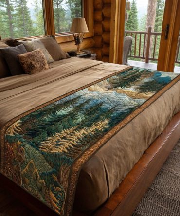 Wild Pine Quilted Bed Scarf — Evergreen Pinecone Cotton Bed Runner For Rustic & Cabin Bedrooms, Reversible And Machine-Washable
