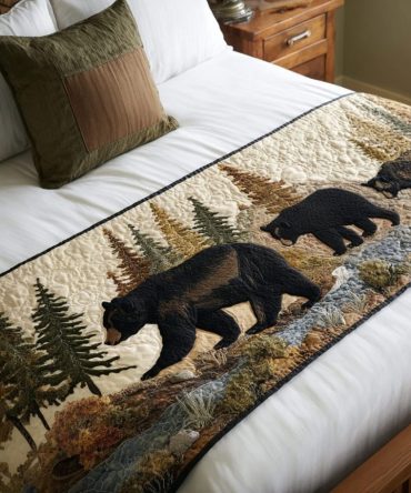 Wild River Run Quilted Bed Runner — Alpine Blue & River Motif, Durable Quilted Accent For Cabins, Lodge Or Modern Bedrooms, Easy Care