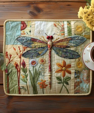 Wildflower Flight Quilted Placemat — Botanical Table Decor with Delicate Flower & Butterfly Stitching, Soft Cotton Quilting