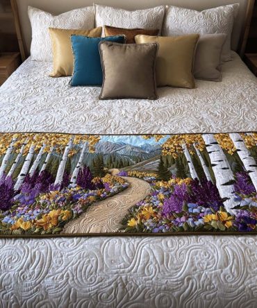 Wildflower Grove Quilted Bed Runner — Botanical Boho Bed Scarf With Meadow Motifs, Hand-Quilted Cotton Accent For Fresh Bedroom Style