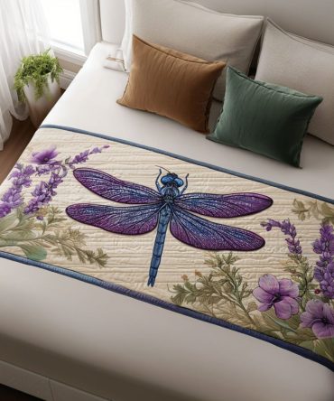 Winged Serenity Quilted Bed Runner — Elegant Feather & Wing Motif, Tranquil Neutrals For Calm Bedrooms, Lightweight Cotton Blend Accent