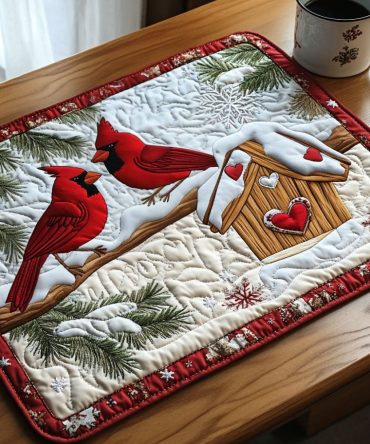 Winter Birdhouse Quilted Placemat — Charming Holiday Table Mat with Birdhouse Motif, Padded Quilt Texture, Heat-Resistant & Easy-Care for Festive Meals