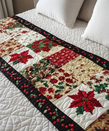 Winter Bloom Quilted Bed Scarf — Floral Holiday Bedding Accent For Queen & King, Soft Bloom Motifs In Cozy Seasonal Colors