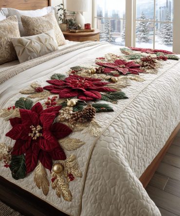 Winter Bloom Quilted Bed Runner — Elegant Floral Winter Bed Accent, Quilted Decorative Throw For Cozy Seasonal Styling, Soft & Easy-Care, Fits Most Beds