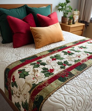 Winter Blossoms Quilted Bed Runner — Floral-Inspired Christmas Bed Scarf, Quilted Holiday Accent For Bedroom Decor, Easy-Care Fabric
