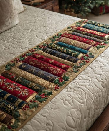 Winter Booktrail Quilted Bed Runner — Literary Holiday Accent, Book-Themed Decorative Bed Scarf With Cozy Seasonal Flair