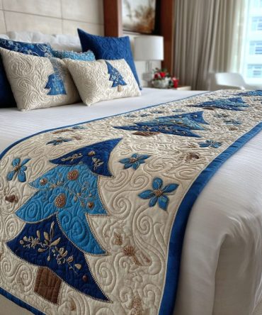 Winter Bouquet Quilted Bed Runner — Floral Holiday Bed Scarf, Soft Quilted Throw For Seasonal Bedroom Styling, Machine Washable