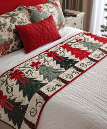 Winter Bow Glow Quilted Bed Runner — Shimmering Bow Design, Luxurious Holiday Throw To Add Warmth & Shine To Beds And Sofas
