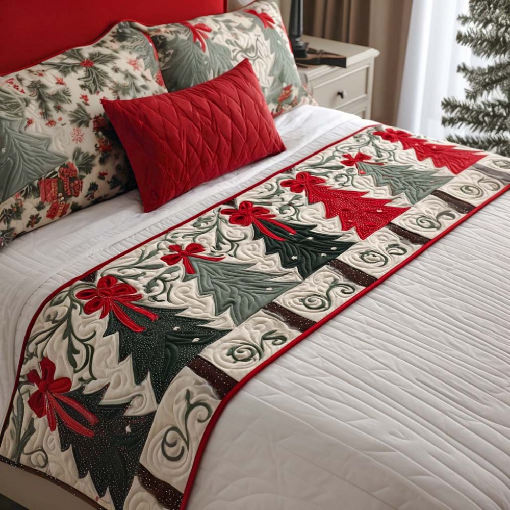 Winter Bow Glow Quilted Bed Runner — Shimmering Bow Design, Luxurious Holiday Throw To Add Warmth & Shine To Beds And Sofas