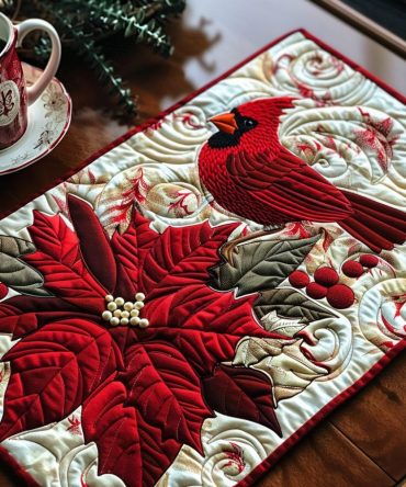 Winter Cardinal Retreat Quilted Placemat — Festive Cardinal & Pine Design, Thick Cotton Quilting for Cozy Holiday Table Settings