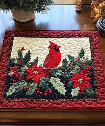 Winter Cardinal Whisper Quilted Placemat — Festive Bird & Berry Design, Cozy Seasonal Table Mat, Machine-Washable & Gift-Ready