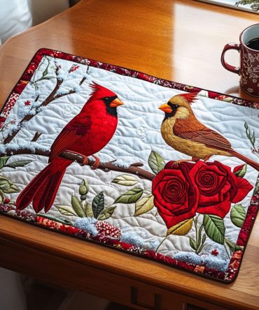 Winter Cardinals Quilted Placemat — Festive Cardinal Design for Holiday Tables, Padded Protective Placemat, Durable & Easy-Care Seasonal Decor