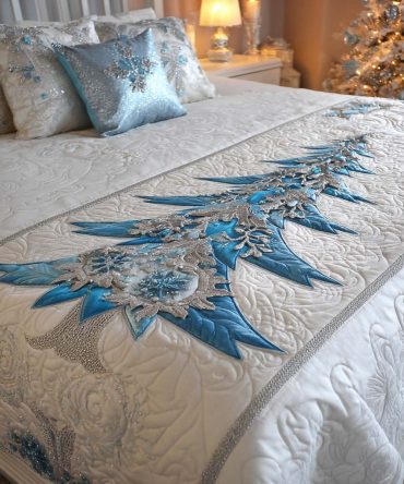 Winter Evergreen Quilted Bed Runner — Classic Evergreen Print Bed Scarf, Cozy Holiday Accent For Rustic & Traditional Bedrooms