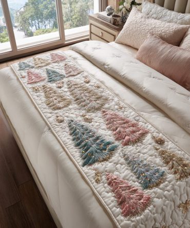 Winter Fir Quilted Bed Runner – Forest-Inspired Holiday Bedding Accent, Reversible Quilted Scarf For Queen & King Beds, Cozy Seasonal Decor