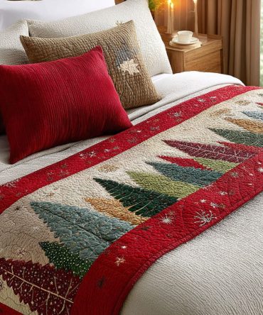 Winter Forest Lane Quilted Bed Runner — Nature-Inspired Bedding Accent For Cozy, Rustic & Scandinavian Winter Interiors
