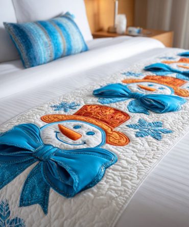 Winter Frostman Quilted Decorative Runner — Frosted Winter Bed Scarf, Soft Cotton Blend, Reversible Accent For Queen & King Bedrooms