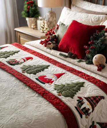 Winter Gnomes Quilted Bed Runner — Whimsical Gnome Holiday Decorative Throw For Beds & Sofas, Cozy Quilted Accent, Machine-Washable, Fits Most Bed Sizes