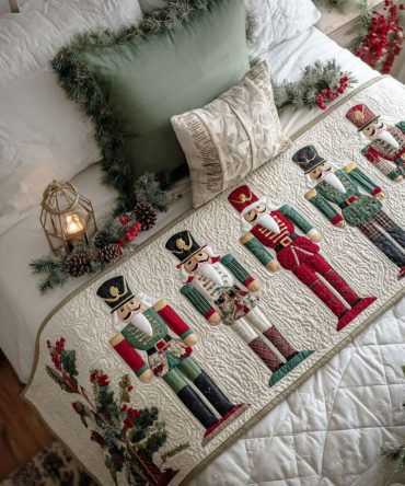 Winter Guard Quilted Bed Runner — Classic Evergreen & Shield Motif, Durable Quilted Scarf For Holiday, Cabin & Lodge Bedrooms (Queen/King)