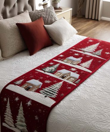 Winter Homes Quilted Bed Scarf — Charming Village-Themed Decorative Bed Runner For Holiday Styling, Reversible Cozy Accent