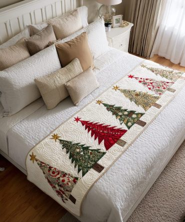 Winter Magic Quilted Bed Scarf — Enchanting Snowflake & Holiday Bedding Runner, Reversible Decorative Accent For Elegant Seasonal Bedroom Styling