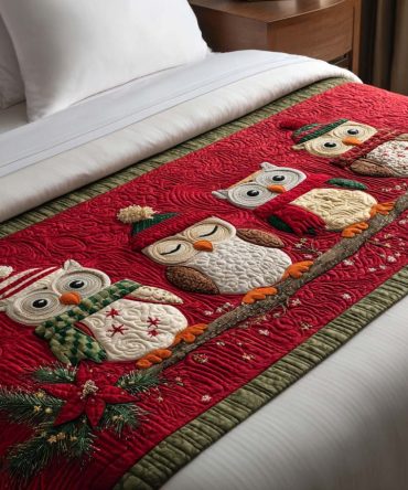 Winter Owl Gathering Quilted Bed Scarf — Whimsical Owl-Themed Holiday Bed Runner For Cozy, Nature-Inspired Bedroom Decor