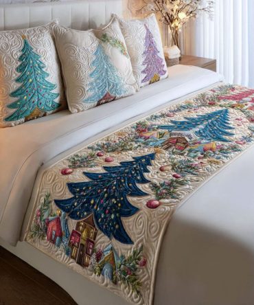 Holiday Pine Quilted Bed Scarf — Embroidered Winter Pine Motif, Reversible Decorative Runner For Queen & King Beds, Gift-Ready