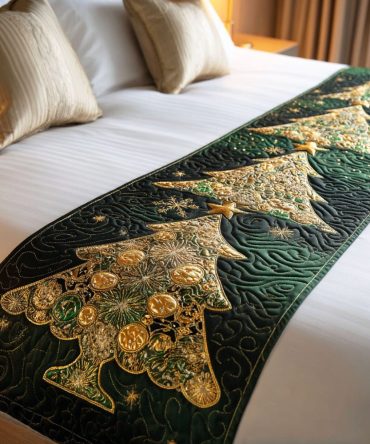 Winter Pine Quilted Bed Runner — Evergreen Holiday Bed Scarf, Quilted Rustic Pine Motif Accent For Cozy Seasonal Bedrooms