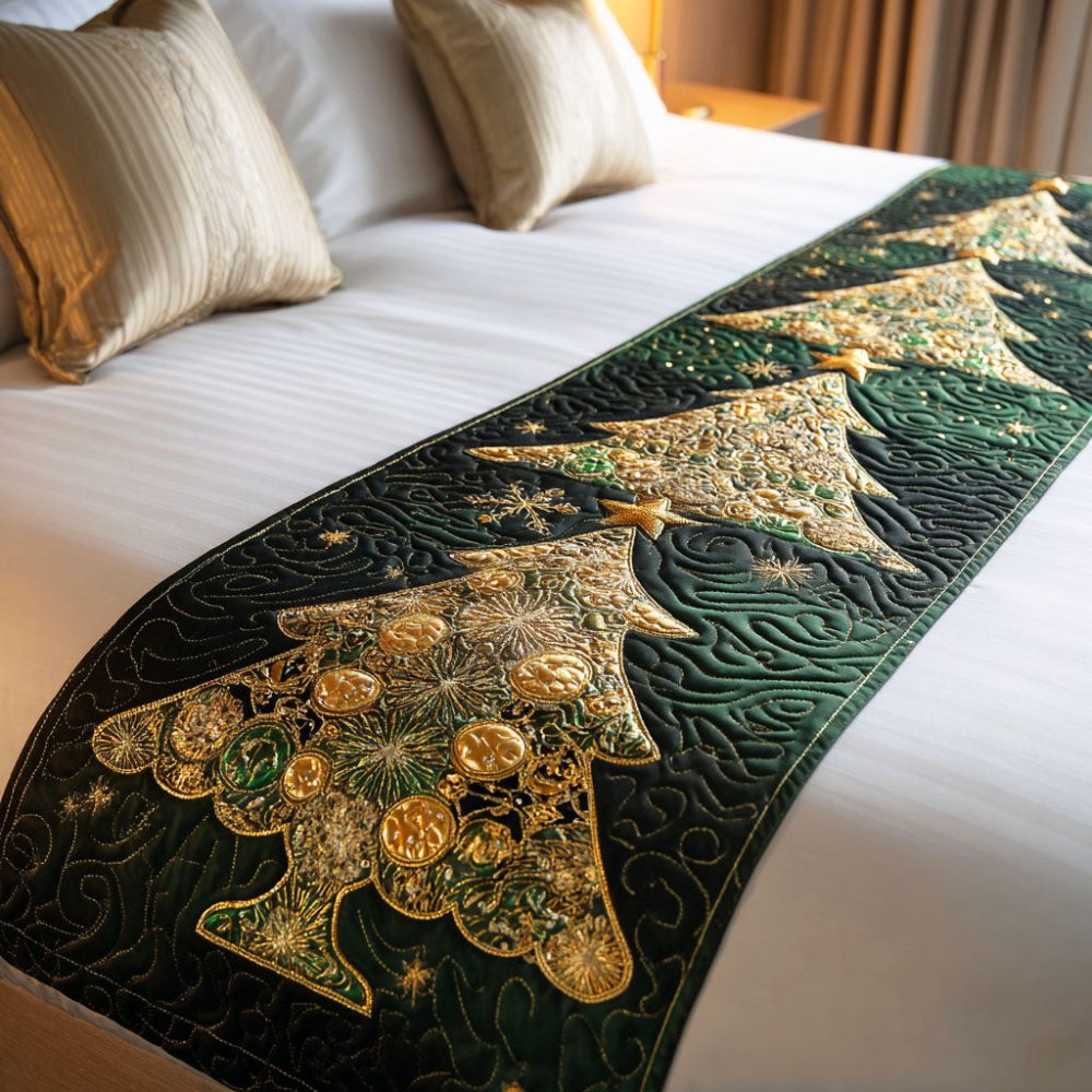 Winter Pine Quilted Bed Runner — Evergreen Holiday Bed Scarf, Quilted Rustic Pine Motif Accent For Cozy Seasonal Bedrooms