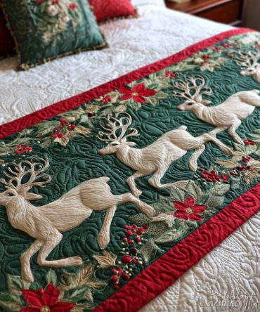 Winter Reindeer Quilted Bed Scarf — Classic Holiday Reindeer Design, Cozy Quilted Throw For Christmas Bedding & Seasonal Styling