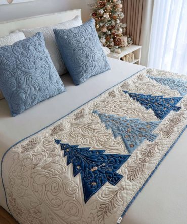 Winter Sparkle Holiday Quilted Bed Scarf — Elegant Christmas Bedding Accent With Metallic Detail, Ideal For Guest Rooms