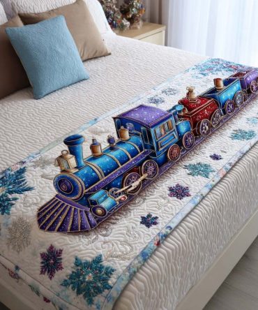 Winter Train Quilted Bed Runner — Festive Winter Train Print Bed Scarf, Holiday Bedding Accent For Seasonal Decor & Kids’ Rooms