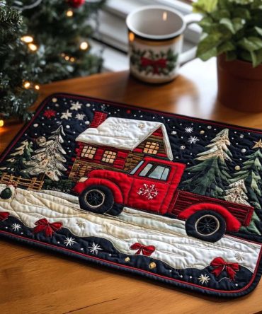 Winter Truck Quilted Placemat — Nostalgic Holiday Table Decor with Festive Truck Design, Soft Durable Cotton Quilting