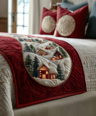 Winter Village Magic Quilted Christmas Bed Scarf — Charming Festive Runner, Reversible Holiday Bedding Accent For Cozy Homes