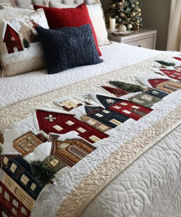 Handmade Winter Village Quilted Bed Runner — Charming Holiday Bed Scarf With Scenic Snowy Homes, Seasonal Cozy Bedroom Accent