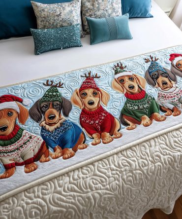 Winter Wiener Festive Quilted Bed Runner — Whimsical Holiday Dog Print Decorative Scarf For Beds, Seasonal Cozy Bedroom Accent