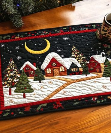 Winter Village Quilted Placemat — Festive Snow Scene Cotton Table Mat, Holiday Dining Decor, Durable & Easy-Care