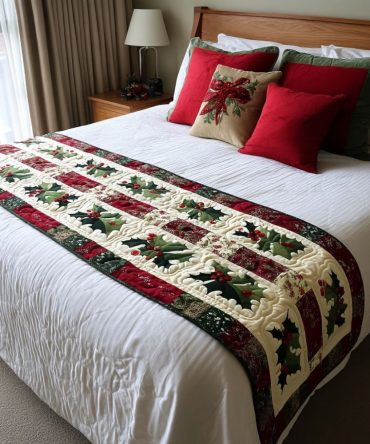 Winterberry Trail Quilted Bed Runner - Rustic Holiday Accent For Farmhouse & Cottage Beds, Cozy Christmas Décor