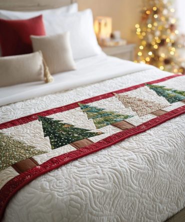 Festive Wintery Christmas Tree Quilted Bed Runner — Luxury Holiday Bed Scarf, Soft Quilted Bedroom Decor, Gift-Ready