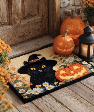 Witch Cat Garden Welcome Mat – Spooky Chic Outdoor Doormat With Witchy Cat Design, Durable Coir Entrance Rug For Fall & Halloween