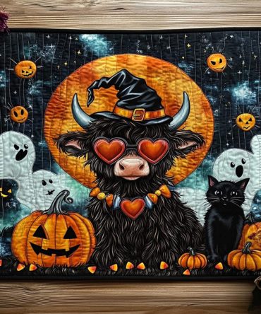 Witch Hat Highlander Quilted Placemat — Highland Cow in Witch Hat Table Decor, Quilted Cotton Placemat for Halloween & Fall — Machine Washable & Gift-Ready