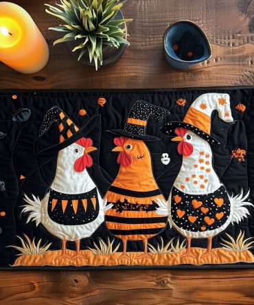 Witchy Chickens Quilted Placemat — Whimsical Halloween Farmhouse Accent, Playful Witch-Chicken Print, Quilted Cotton, Machine-Washable