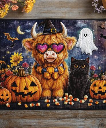 Witchy Cow Quilted Placemat — Spooky Halloween Table Accent, Witch Hat Cow Design, Durable Quilted Mat for Seasonal Entertaining