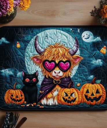 Witchy Moo Halloween Quilted Placemat — Spooky Cow Table Decor, Farmhouse Cotton Mat for Fall Dining — Machine Washable & Gift-Ready