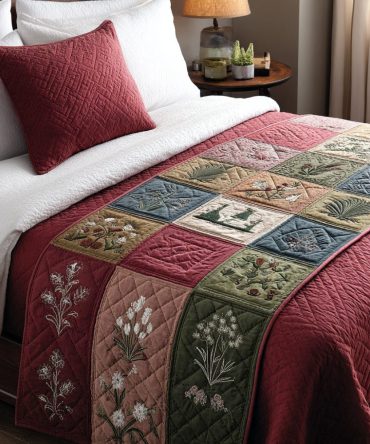 Woodland Blossom Path Quilted Bed Runner — Botanical Floral Bed Scarf For Natural Bedroom Styling, Reversible & Durable