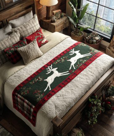 Woodland Flight Quilted Bed Scarf — Elegant Bird & Branch Runner, Reversible Cotton-Blend Bed Accent For Nature-Inspired Bedrooms, Easy Care