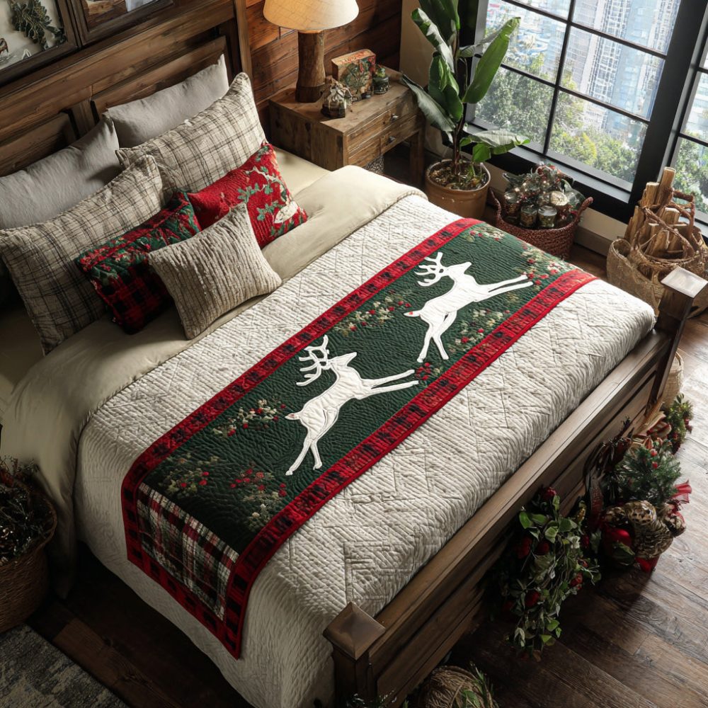 Woodland Flight Quilted Bed Scarf — Elegant Bird & Branch Runner, Reversible Cotton-Blend Bed Accent For Nature-Inspired Bedrooms, Easy Care