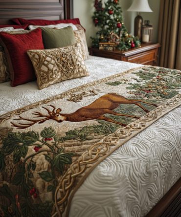 Woodland Heir Quilted Bed Scarf - Heirloom-Inspired Forest Runner, Premium Decorative Accent For Classic & Rustic Interiors