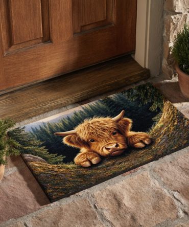 Woodland Highland Calf Doormat — Charming Highland Cow Calf Welcome Rug, Rustic Farmhouse Entry Mat, Durable Outdoor/Indoor Non-Slip Threshold Mat