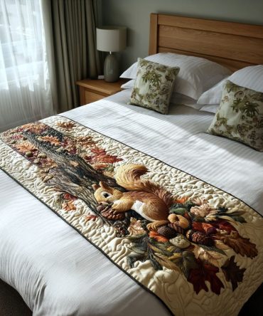 Woodland Wanderer Quilted Bed Scarf For Queen & King — Forest-Themed Bedding Accent, Nature-Inspired Quilt, Soft & Durable